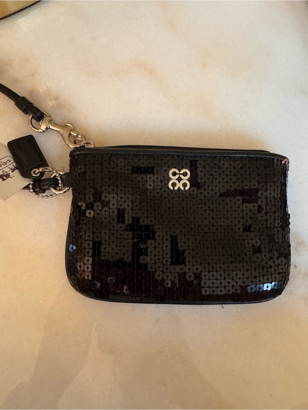 Coach Black Sequin Wristlet with Silver Logo Accent